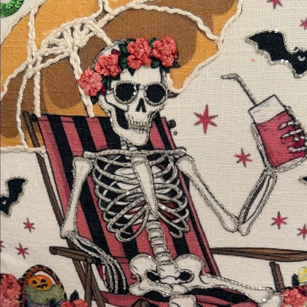 Cupcakes & Cashmere Skeleton Holiday Pillow - Pink and White
